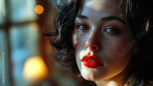  a close up of a woman's face with freckled hair and a red lipstick on her lips.