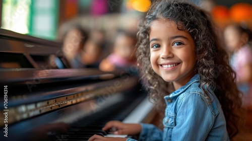 A child student learning to play piano class music class school classroom