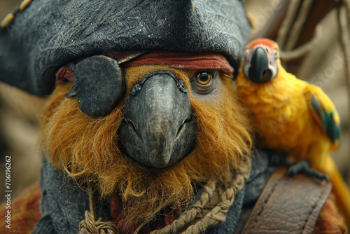 An illustration of a knitted pirate, with a tiny eye patch and a knitted parrot on the shoulder.