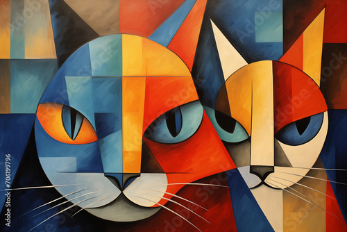 Cat on a background with playful geometry, in the style of precision painting, playful abstraction, spray painted realism, dotted, detailed painting, caninecore, lowbrow art, Generative Ai
