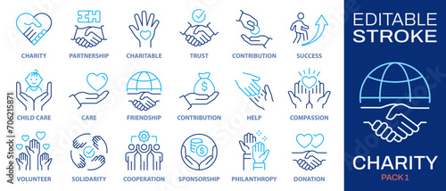 Charity icons, such as handshake, heart, donate, trust, volunteer and more. Vector illustration isolated on white. Editable stroke.
