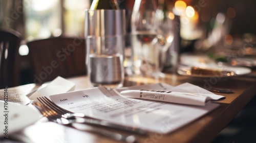  a close up of a table with a bottle of wine and a knife and fork and napkins on it.