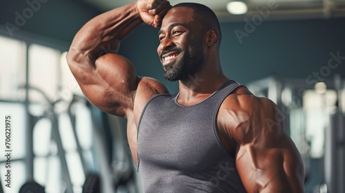 A muscular man in a gym, flexing his biceps and smiling confidently