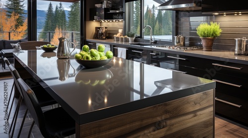 Modern black kitchen with dark gray cabinets paired with gray countertops and glossy gray linear tile backsplash.