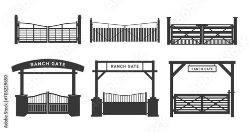 Ranch gate black monochrome minimalist silhouette icon set vector flat illustration