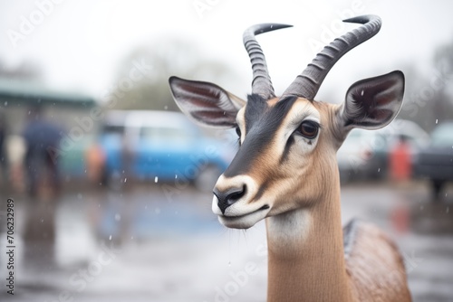 rain falling on impala as it gazes ahead