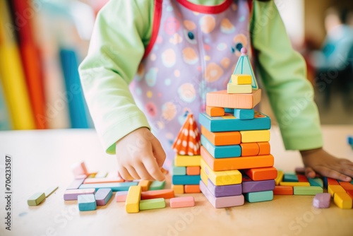 child-focused stacking colorful wooden blocks precisely
