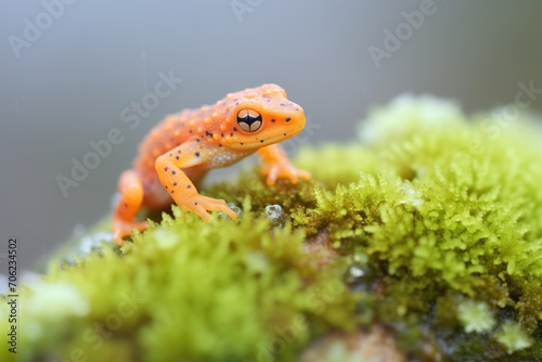 red-spotted newt on mossy boulder