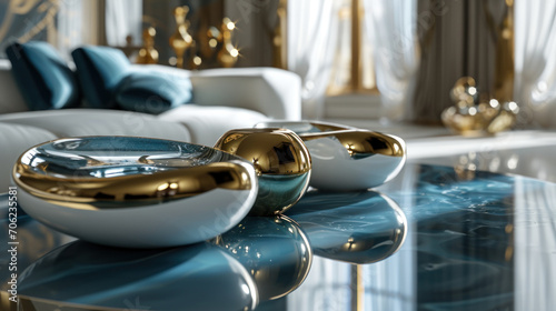  a living room with a white couch and a table with a pair of gold and blue glasses on top of it.