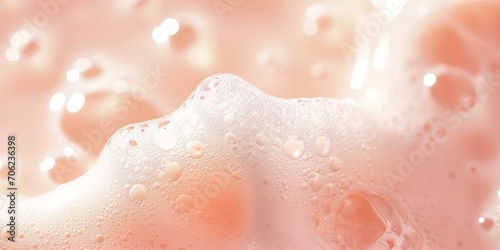 Closeup of white soap foam on soft peach-pink background. Abstract backdrop for beauty concept. AI generated image. 