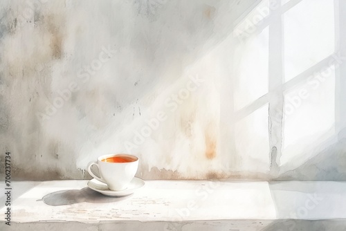 Watercolor painting of cup of coffee with sun light from window white background.