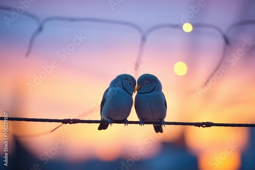 silhouetted budgerigars at dusk with a sunset backdrop