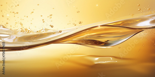 Splashes and drops of liquid oil. Fresh Olive or motor engine oil nature golden colour close-up. shine yellow cosmetic oil or cosmetic essence liquid drop with background