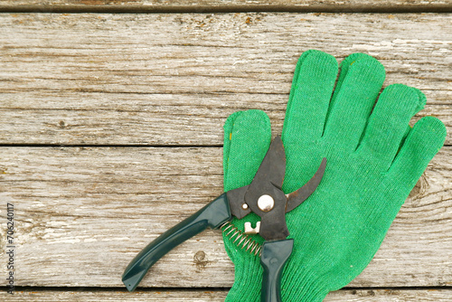 There are scissors with green pruning handles and green work gloves on a white wooden table. Garden hand pruners. Garden shears. Sharp trimmers for pruning trees and shrubs.Copyspace