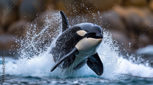 Dynamic image of a playful orca leaping out of the water near a rocky coastline.