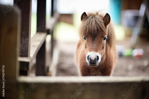 shetland pony looking from rustic stable