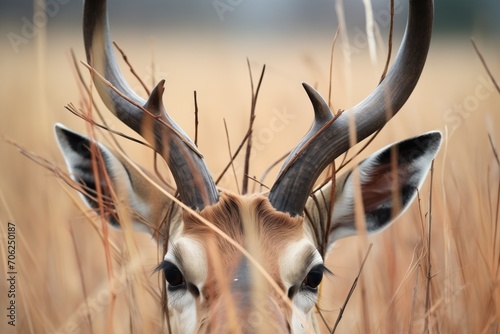 close-up of impala horns entangled in grass