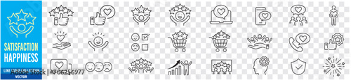 Satisfaction, Positive Feedback, Customer satisfaction, Fulfillment, Recommend, Happiness, Star, Satisfied, Gratification editable stroke line icon set collection Vector.