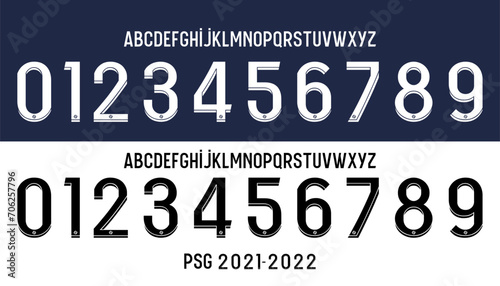 font vector team 2021-2022 kit sport style font. football style font with lines. paris football font. mbappe sports style letters and numbers for soccer team