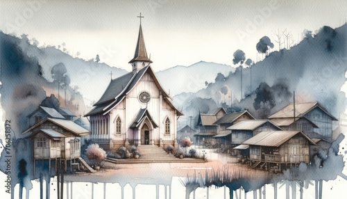 Watercolor painting of an old wooden church in a little asian village