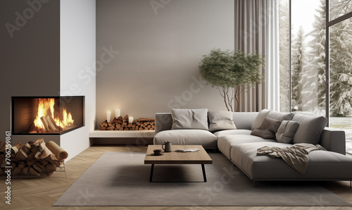 Szara narożna sofa przy szklanym kominku. Minimalistyczny wystrój nowoczesnego salonu. Skandynawski design, wygodne meble
