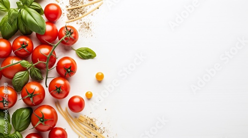 Italian food ingredients - fresh cherry tomatoes, basil and pasta on isolated white background