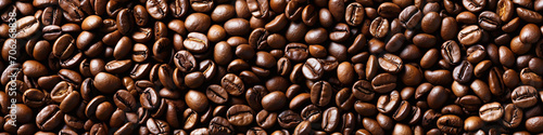 roasted fresh brown coffee beans background banner, top view, International Coffee Day