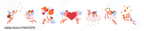 Cute cupids flying in air set. St. Valentines Day concept. Baby angel aiming, shots with arrows. Amor kids with wings hold a heart, romantic symbol of love. Flat isolated vector illustration on white
