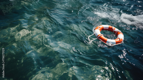 A life-saving orange and white lifebuoy floats on the clear blue water of the ocean, symbolizing safety and rescue.