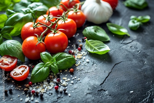 Fresh Garden Tomatoes and Basil on a Textured Black Surface Under Soft Light, Symbolizing Mediterranean Cuisine
