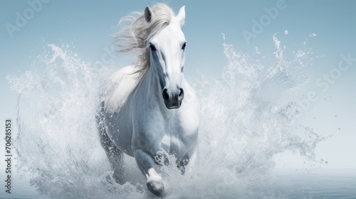 An ethereal snapshot of a white horse immersed in crystal-clear water, the high-quality photograph against a bright white backdrop conveying a sense of purity and freedom in the natural environment.