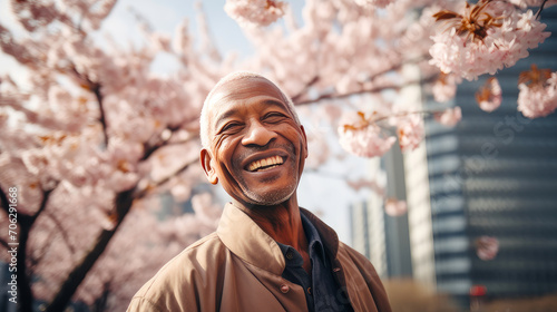 Modern happy elderly smiling dark-skinned African man against the backdrop of pink cherry blossoms and metropolis city.