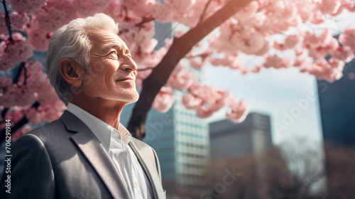 Modern happy smiling elderly man with gray hair against the background of pink cherry blossoms and metropolis city.