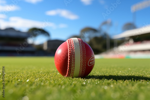 Cricket ball on sports field. Cricket match, cricket competition. ​
