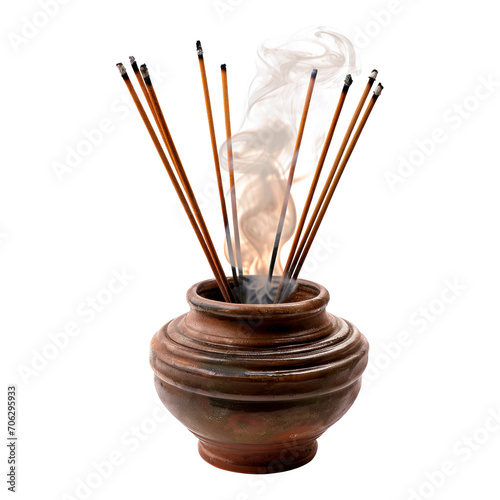 Fragrant incense sticks in a clay pot. Isolated on transparent background.