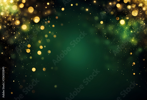 glitter vintage lights background. black, green and gold. de-focused.