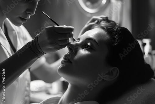 A woman is having her makeup professionally applied. This image can be used to depict beauty, cosmetics, and professional makeup application