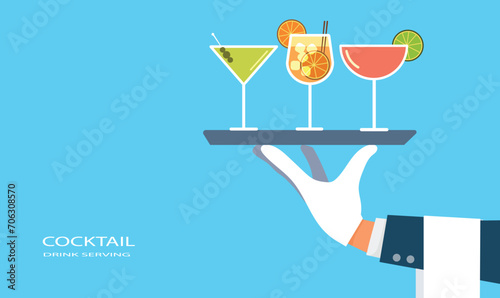 Waitress holding tray serving cocktail. picture of human hand holding tray with cocktails, flat style