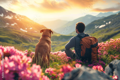 Male hiker and his pet dog admiring a scenic view in flowering meadow at spring. Adventurous young man with his dog friend. Hiking and trekking on a nature trail. Traveling by foot.