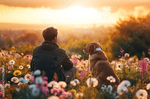 Male hiker and his pet dog admiring a scenic view in flowering meadow at spring. Adventurous young man with his dog friend. Hiking and trekking on a nature trail. Traveling by foot.