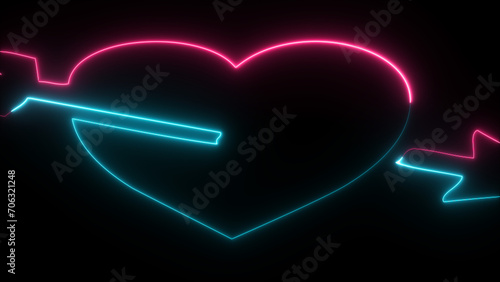 Neon love icon with cupid arrow. Glowing valentines day symbol. Modern 3d heart shape on black background. Romantic silhouette, love target, passion , sign, victor, illustration.