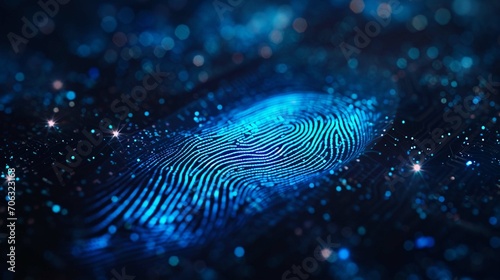 Blue fingerprint scan icon on virtual screen while finger scanning for security access with biometrics identification on dark