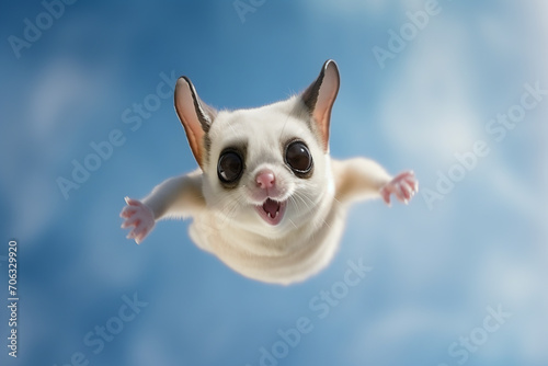 portrait of a cute sugar glider, flying squirrel, blue sky background