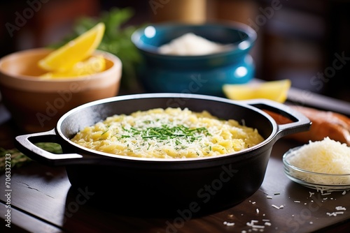 risotto milanese in a cast iron pot, with parmesan on the side