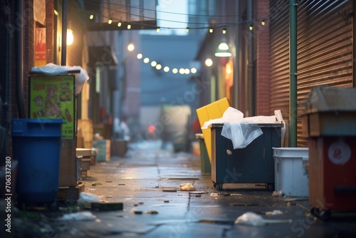 dimly lit alley with scattered trash bins