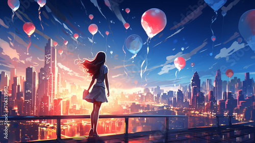 Young woman holding glowing balloon