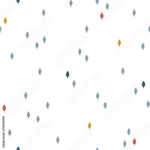 Seasonal floral seamless vector pattern with cute hand drawn leaves. Scandinavian style design. Fun background for apparel, fabric, wallpaper, textile, packaging, card, gift, cover, wrapping paper.