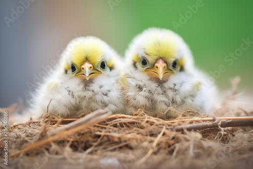 young budgerigars with fluffy feathers in a nest