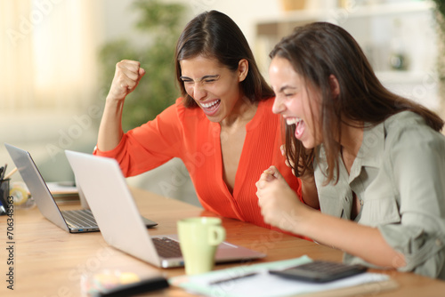 Two excited tele workers celebrating success online