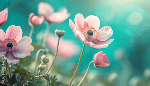Pink flowers of anemones in summer spring close-up on turquoise background with soft selective focus